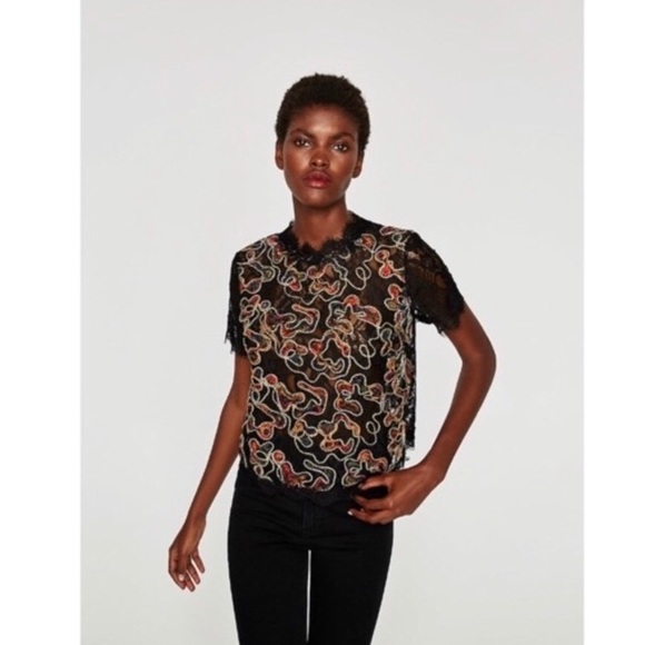 ✨nwt!✨zara black lace floral top - Picture 4 of 15